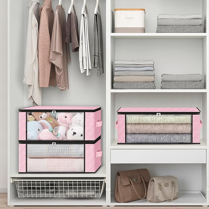 HomeHacks Storage 3-Pack Clothes Organizer Storage Bags Foldable Storage Box with Large Clear Window Sturdy Handles for Closet, Dorm, Pillows, Bedding, Clothes, Blankets, 35L, Pink