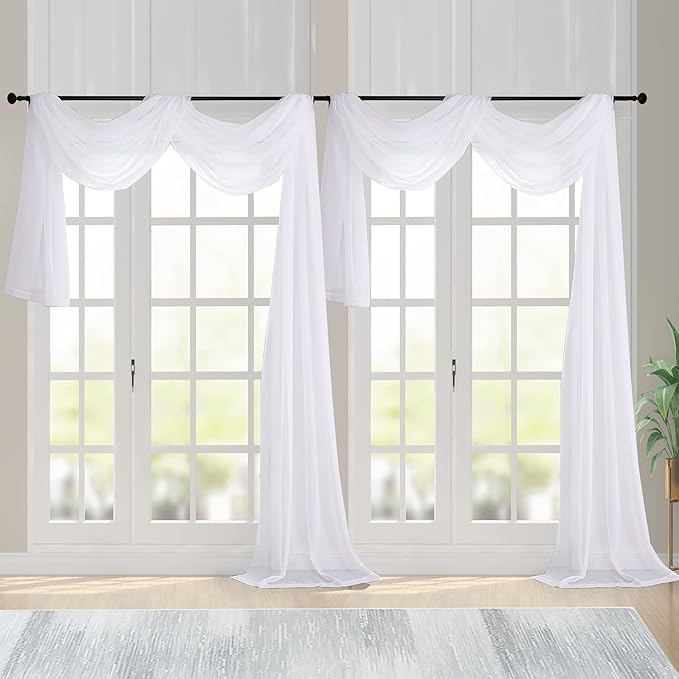 Chyhomenyc Extra Long White Sheer Curtains 144 inch 2 Panels Set, Translucent Backdrop Window Scarf Drapes for Canopy Bed/Wedding/Living Room/Anniversary, 12FT Length, Each 42Wx144L in, 2PCS, White