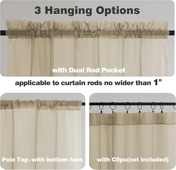 Chyhomenyc Taupe Sheer Curtains 45 Inch Long 2 Panels, Light Filtering Rod Pocket Voile Short Curtains Drapes for Living Room Bedroom Small Windows, 42Wx45L Inches
