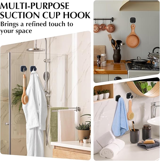 Suction Cup Hooks for Shower - Reusable No-Drill Mounting - Hooks for Towels, Robes & Loofah on Metal, Glass, Mirrors, Tile & Smooth Non-Porous Surfaces (2, Matte Black)