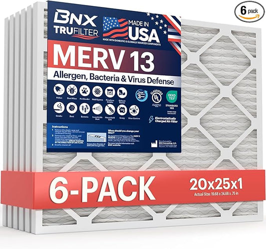 BNX TruFilter 20x25x1 Air Filter MERV 13 (6-Pack) - MADE IN USA - Electrostatic Pleated Air Conditioner HVAC AC Furnace Filters for Allergies, Pollen, Mold, Bacteria, Smoke, Allergen, MPR 1900 FPR 10