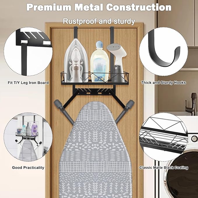Ironing Board Hanger, Metal Over The Door or Wall Mounted Ironing Board Caddy, Ironing Board Storage Shelf with Adjustable Hooks for Laundry Room, Living Room, Bathroom (Matte Black)