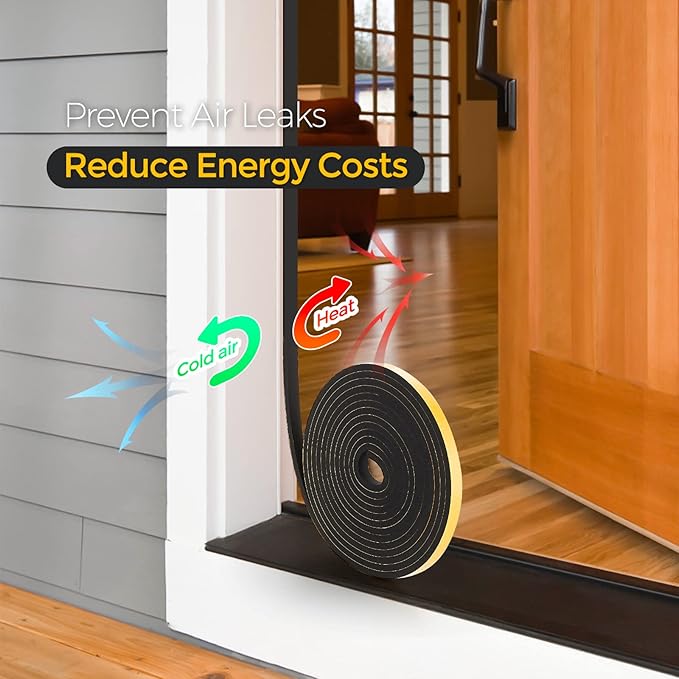 13 Feet Weather Stripping Door Seal, 1" Wide X 3/4" Thick Door Seal Strip High Density Foam Tape Adhesive Strip for Door Soundproofing,Window Insulation (1" x 3/4" x 13FT,Black)