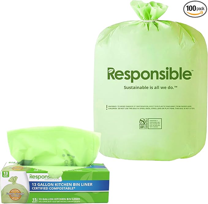 Responsible Products Kitchen Bin Liners, Certified Compostable, Heavy Duty Multipurpose Food Scrap Bags, Made from Compostable Materials (13 Gallon, 13 Gallon (15 Count))