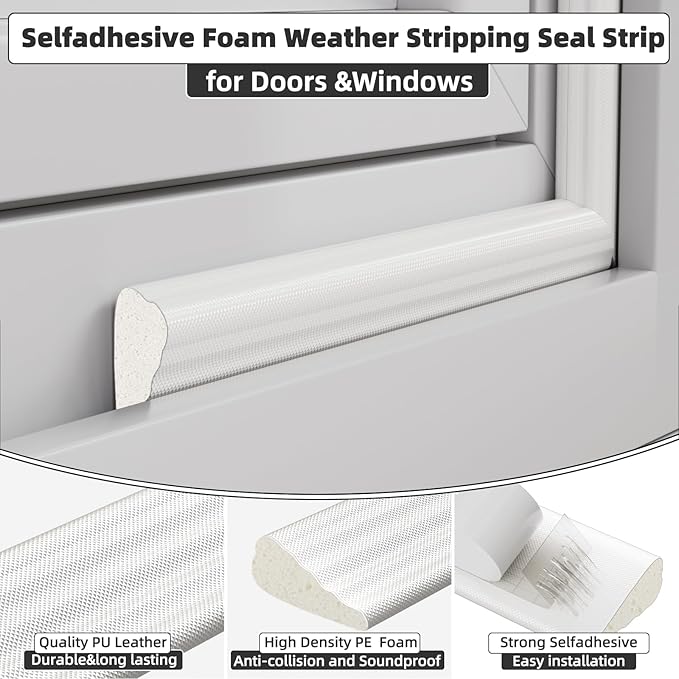 3 Pack*16.4 Ft Weather Stripping Seal Strip for Doors,Soundproofing Window Insulation Draft Stopper for Winter, Selfadhesive Foam Weather Strip for Door Frame,Door Gap Filler Noise Blocker(White)