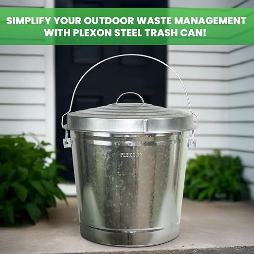 Plexon 10 Gallon Metal Trash Can with Locking Lid Galvanized Bucket with Lid for Poultry Feed Bird Seed Storage Ash Outdoor Garbage Trash Bin, 2 Pack