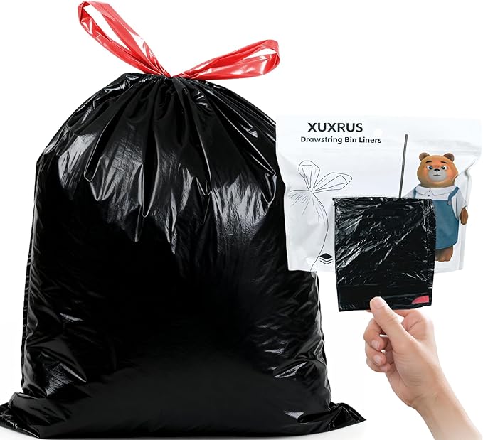 XUXRUS 2.6-3 Gallon Black Bathroom Drawstring Trash Bags - 60 Count Folded Small Garbage Bags, Tear-Resistant & Leak-Proof, Odor Control Liners for Bathroom, Kitchen, Office – Heavy Duty Trash Bags