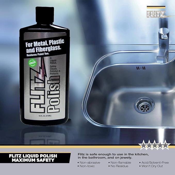 Flitz Multi Purpose Metal Polish Liquid - 16oz Bottle of USA-Made Tarnish Remover - For Aluminum, Chrome, Brass, Nickel, Silver - Non-Abrasive Metal Cleaner and Polish, Restorer (6 Pack)