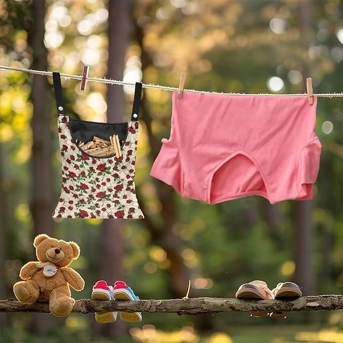Rose Clothespin Bag Fashion Hanging Storage Organizer Clothes Pin Bag Waterproof Laundry Clothespin Bag Clothespin Holder with Hanger Hook for Easy Hang and Large Opening