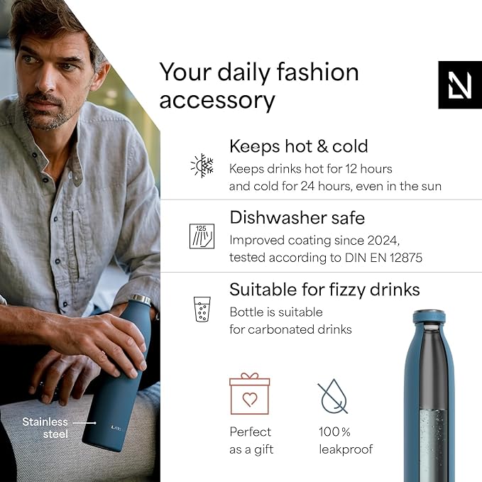LARS NYSØM Stainless Steel Insulated Water Bottle 12oz 17oz 25oz 34oz 51oz | Insulated Thermo Flask for Hot and Cold Beverages | Leakproof Drinking Bottle (Calypso Blue, 33.9 oz)