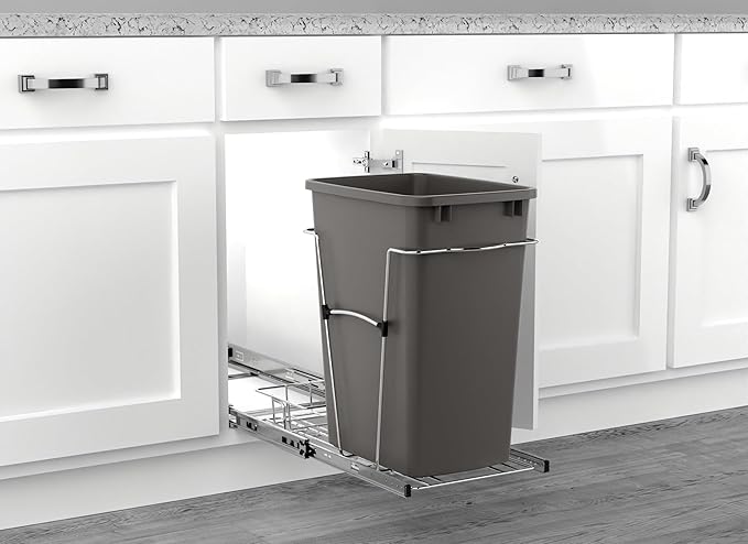 Rev-A-Shelf Pullout Trash Can for Kitchen Cabinets 35 Qt Garbage Waste Recycling Bin with Full Extension Slides, Orion Gray, RV-12KD-13C-S