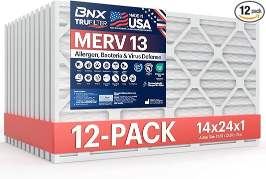 BNX TruFilter 14x24x1 Air Filter MERV 13 (12-Pack) - MADE IN USA - Electrostatic Pleated Air Conditioner HVAC AC Furnace Filters for Allergies, Pollen, Mold, Bacteria, Smoke, Allergen, MPR 1900 FPR 10