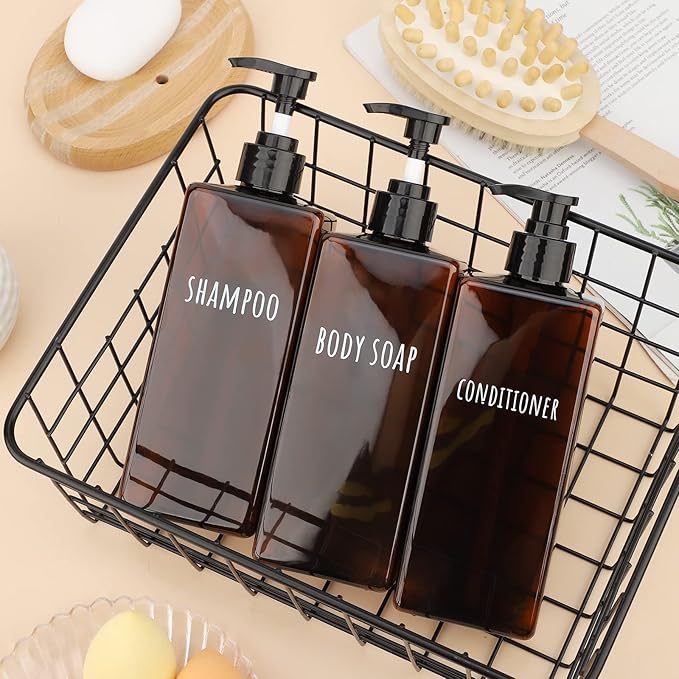 Segbeauty 16.9oz Lotion Dispenser, 3pcs Refillable Square Shampoo Bottles with Pump, 500ml Empty Plastic Bathroom Shower Bottles Liquid Soap Container Body Wash Dispenser for Home Hotel Travel Amber