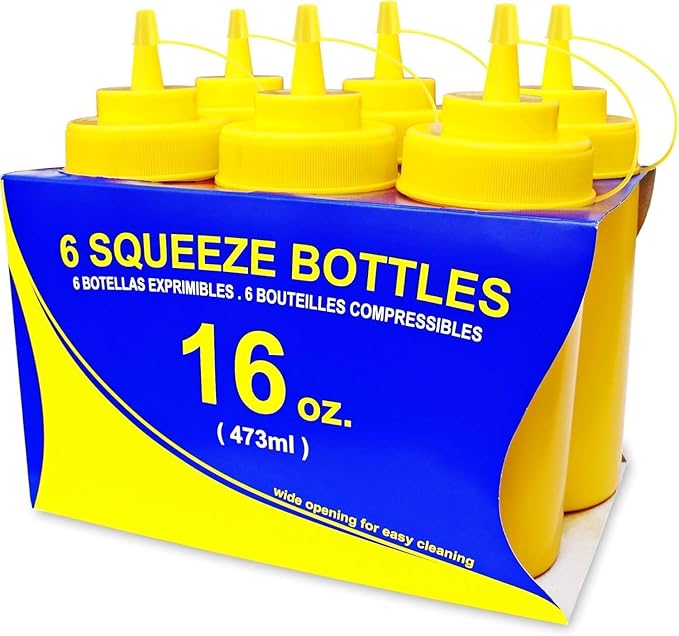 New Star Foodservice 26528 Plastic Squeeze Bottles with Cap and Scale, Wide Mouth, 16 oz, Yellow, Pack of 6