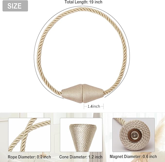 Magnetic Curtain Tiebacks 6 Pack Outdoor Rope Curtain Tie Backs Decorative Window Treatment Holdbacks for Home Decorative Curtain, Beige