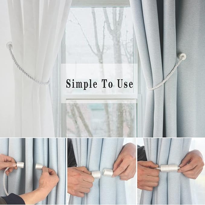 Magnetic Curtain Tiebacks 6 Pack White Curtain Rope Tieback Curtain Holders for Drapes Modern Tie Backs Decorative Curtain Holdbacks