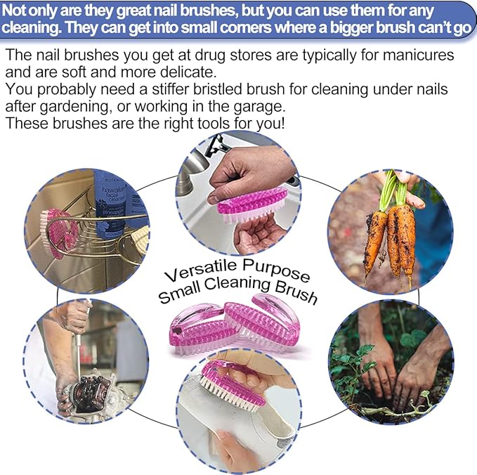 Handle Grip Nail Brush for Cleaning Fingernails Hands & Under Nails, Stiff Bristle Mechanic Scrub Brush Cleaner for Men Women, Pedicure Scrubbing Tool kit - 4 Pink