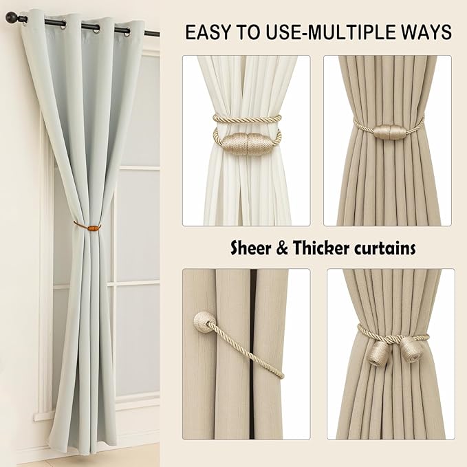 Magnetic Curtain Tiebacks - Rope Tiebacks for Curtains & Drapes, Decorative Window Holdbacks (2 Pack, Beige)