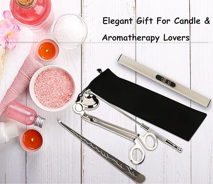 4IN1 Candle Accessory Set, Rechargeable LighterCandle Wick Trimmer Cutter, Candle Snuffer & Candle Wick Dipper for Candle Aromatherapy Lover Gift, Stainless Steel Candle Care Kit (Silver)