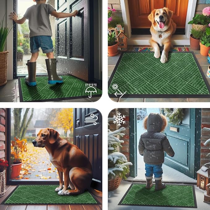 Smiry Front Door Mat Outside Entrance, Heavy Duty Outdoor Indoor Natural Rubber Doormat, Non Slip, Trap Dirt and Moisture, Easy Clean, Low Profile Patio Porch Entryway Mat, 71x23, Green