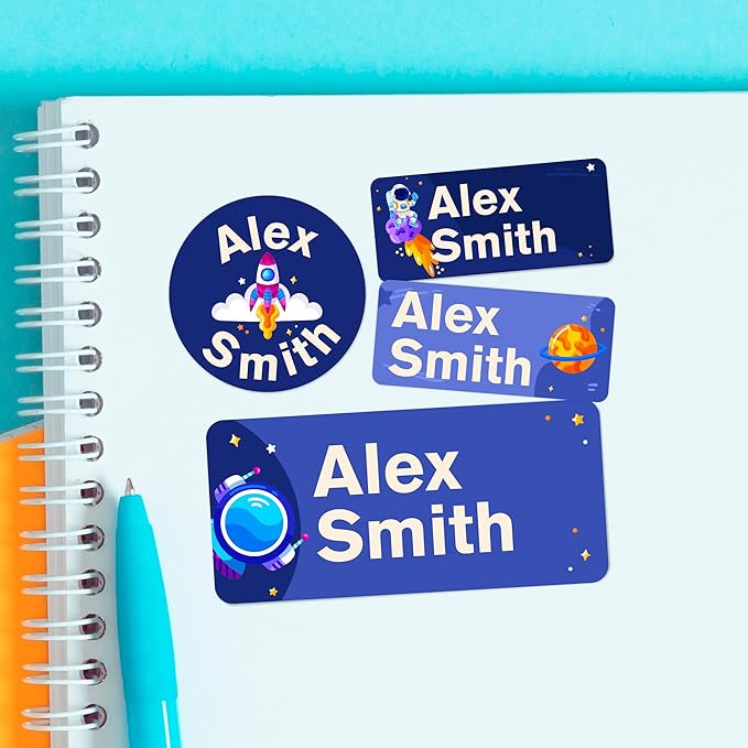Personalized Name Tag Stickers for Kids (130+ Pack) | Space-Themed Waterproof Labels for School Supplies, Bottles & Lunch Boxes | Custom Vinyl Name Labels for Clothing, Toys & More (B. Space)