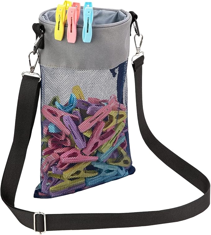 Mesh Clothespin Bag with Hooks Hanging Clothes Pin Bag with Drawstring Closure Clothespin Holder, Ventilation and Moisture Resistance, Storage Organizer, Machine Washable （Gray）