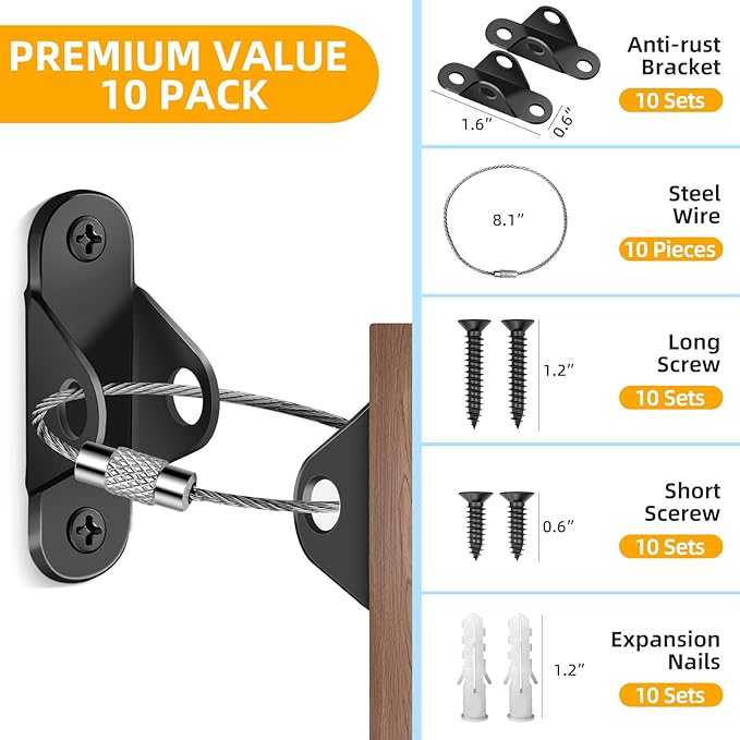 10-Pack Baby Proof Heavy Duty Furniture Anchors for Dressers, Bookcases and TV Cabinets 400LB Anti Tip Kit with Stainless Steel Hardware Shock Straps (Black)