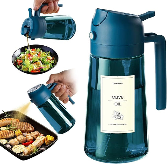 TrendPlain 16oz/470ml Blue Glass Olive Oil Sprayer for Cooking - 2 in 1 Olive Oil Dispenser for Kitchen Gadgets, Air Fryer, Salad, and BBQ - Navy