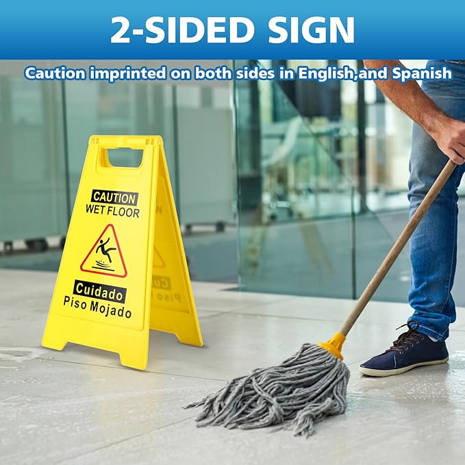 4-Pack Caution Wet Floor Sign,17.5" Height,Bright Yellow Double-Sided Folding A-Shaped Frame Design, Bilingual Caution Message