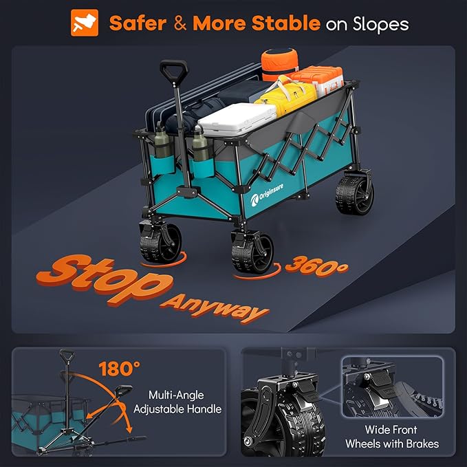 220L Collapsible Wagon Cart Foldable, 460lbs Load Capacity Heavy Duty Folding Beach Wagons with Big All-Terrain Wheels, Utility Carts for Groceries, Camping, Sports - Grey&Turquoise