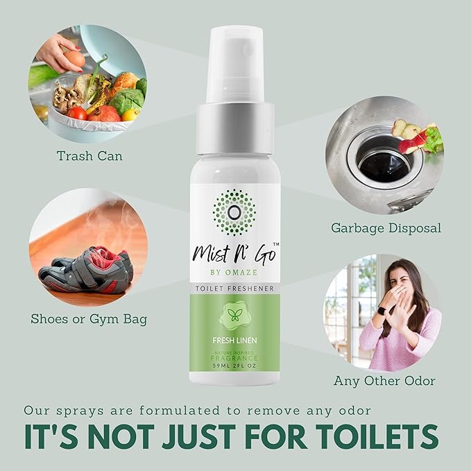 Mist N' Go Travel Toilet Spray - Odor Eliminator & Air Freshener (Fresh Linen) - 2oz x5