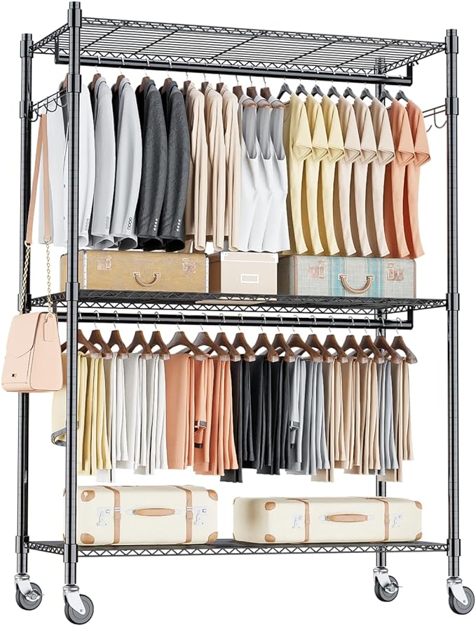 Homdox 3 Tier Heavy Duty Garment Rack with Wheels, Adjustable Wire Clothes Rack with Double Hanging Rods, Portable Closets for Hanging Clothes with Side Hooks, Black