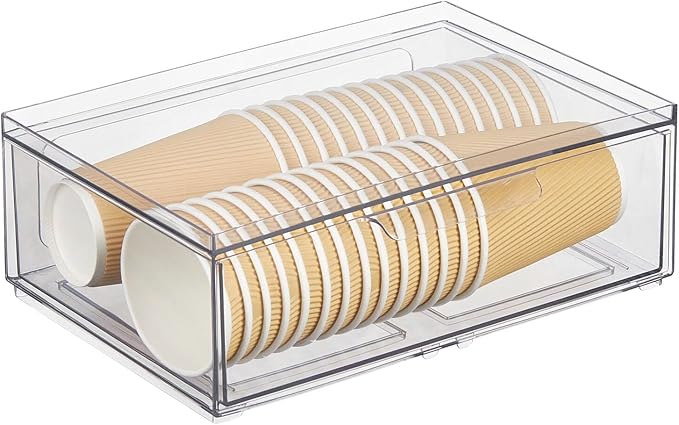 mDesign Plastic Wide Stackable Kitchen Storage Organizer Bin Containers with Front Pull Drawer for Cabinet, Pantry, Fridge, Freezer, Shelf, Refrigerator Organization, Lumiere Collection, 4 Pack, Clear