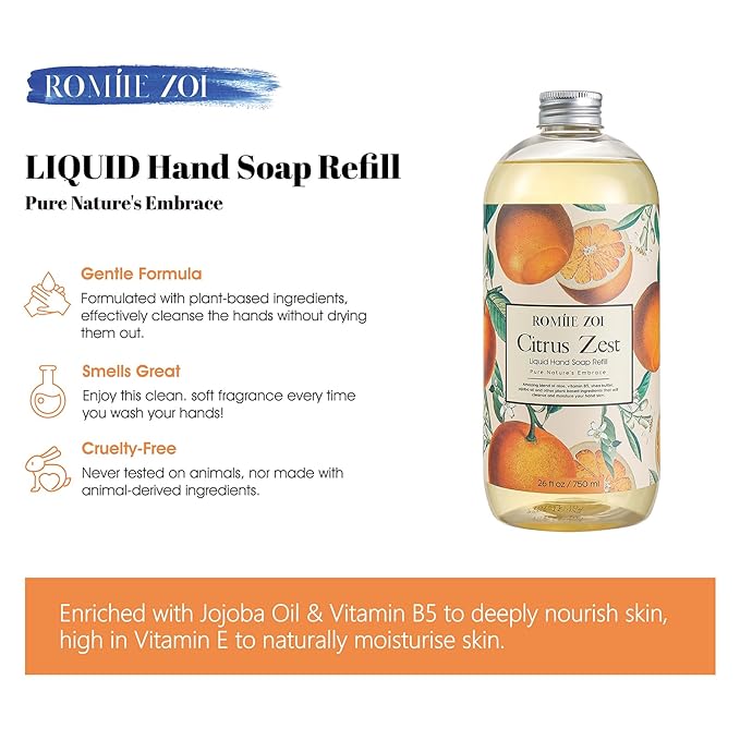 ROMIIE ZOI Liquid Hand Soap Refill, Citrus Zest, Gentle & Moisturizing Formula, 750 ML/ 26 FL OZ