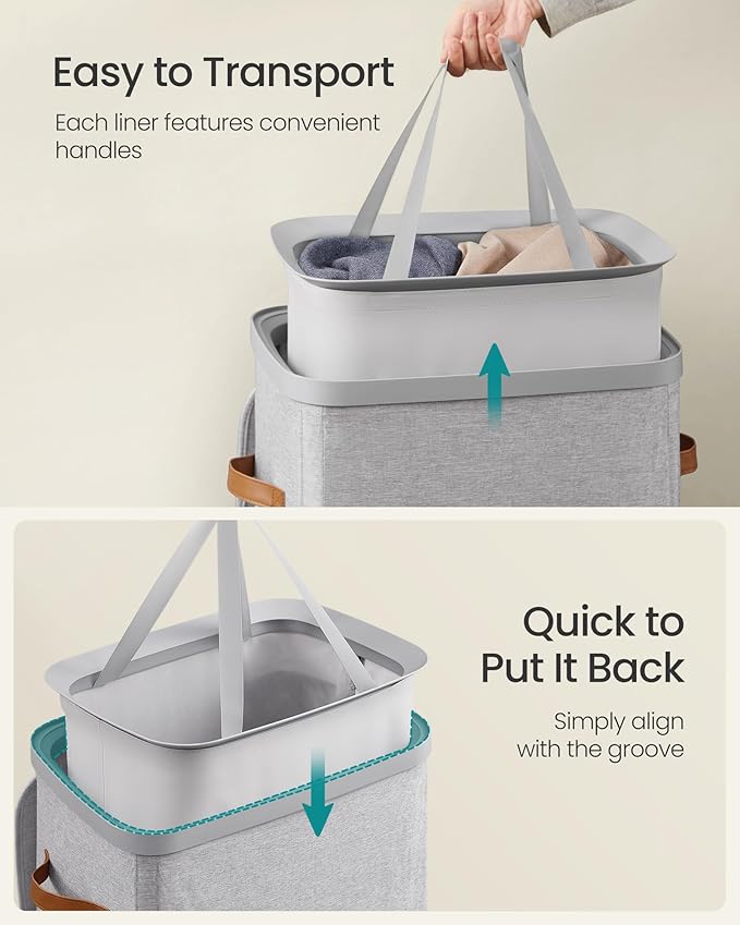SONGMICS Laundry Basket, 26.4 Gal. Laundry Hamper, Easy Assembly, with Lid and Handles, Removable Liner, 16.5 x 12.6 x 29.5 Inches, Dove Gray ULCB811GD01