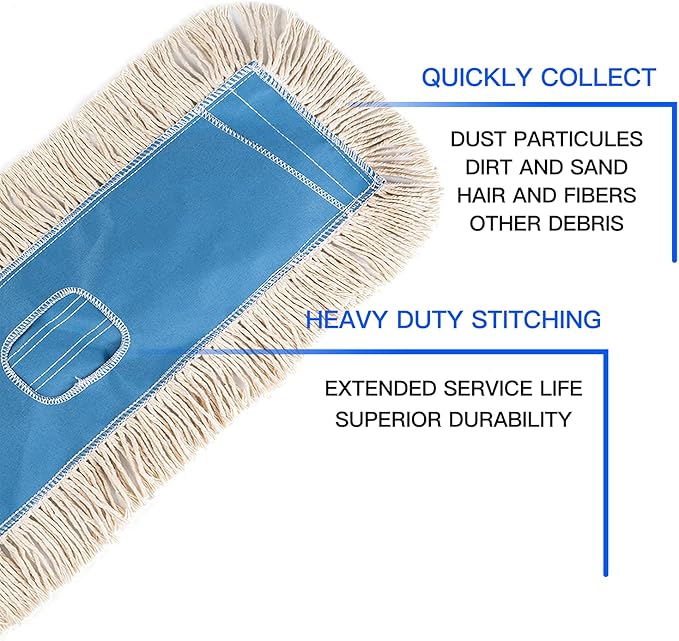 Matthew Cleaning 24'' Industrial Strength Cotton Dust Mop Refill Washable Replacement Heads for Residential & Commercial Use Fit Standard Dust Mop Frames, Hardwood,Concrete Floors Blue&White 12 Pack