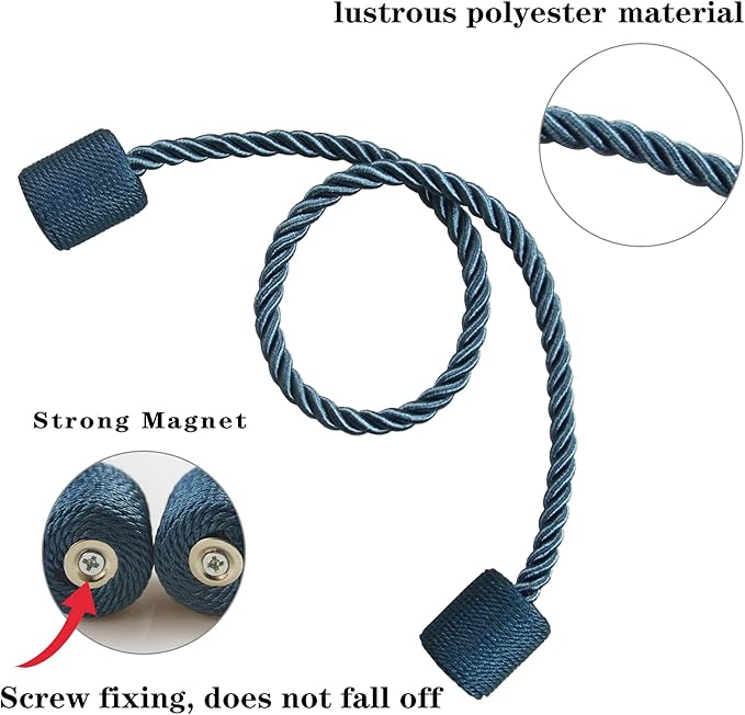 2 Pack Strong Magnetic Curtain Tiebacks Outdoor Elegant Decorative Tie Backs Modern Rope Tiebacks for Drapes Window Curtain Holdbacks for Draperies- Blue