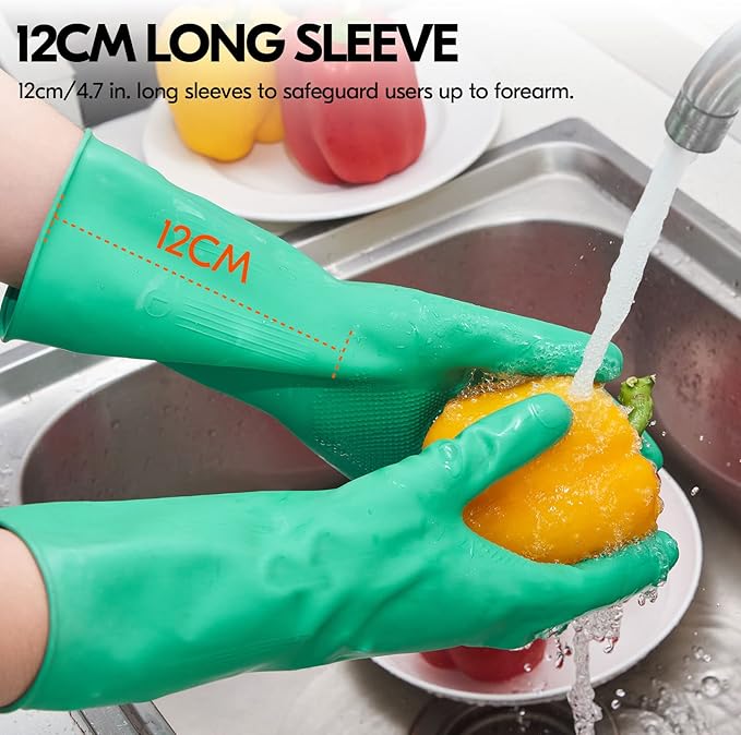 Vgo... 1-Pair Reusable Household Gloves, Rubber Dishwashing gloves, Extra Thickness, Long Sleeves, Kitchen Cleaning, Working, Painting, Gardening, Pet Care (Size L, Green, HH4601)
