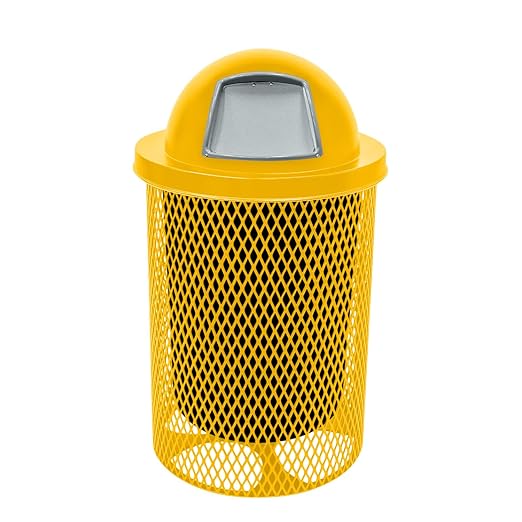 COATEDOUTDOORFURNITURE RDT-YEL Heavy Duty 32 Gallon Round Trash Receptacle, Liner Included, Yellow with Yellow Steel Dome Top, Made in America