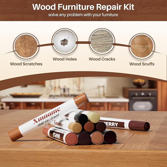 12 Colors Wood Filler Sticks Furniture Markers, Wood Floor Scratch Repair Kit for Repair Any Furniture Scratch, Scuffs, Cracks and Nail Holes on Wood Furniture, Floors, Doors, Cabinets, Tables