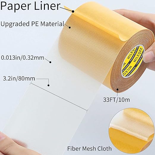 Double Sided Tape Heavy Duty, 3.2in x 33FT(10m), Universal High Tack Strong Wall Adhesive with Fiberglass Mesh, Super Sticky Resistente Clear Tape, Easy Use Mounting Tape
