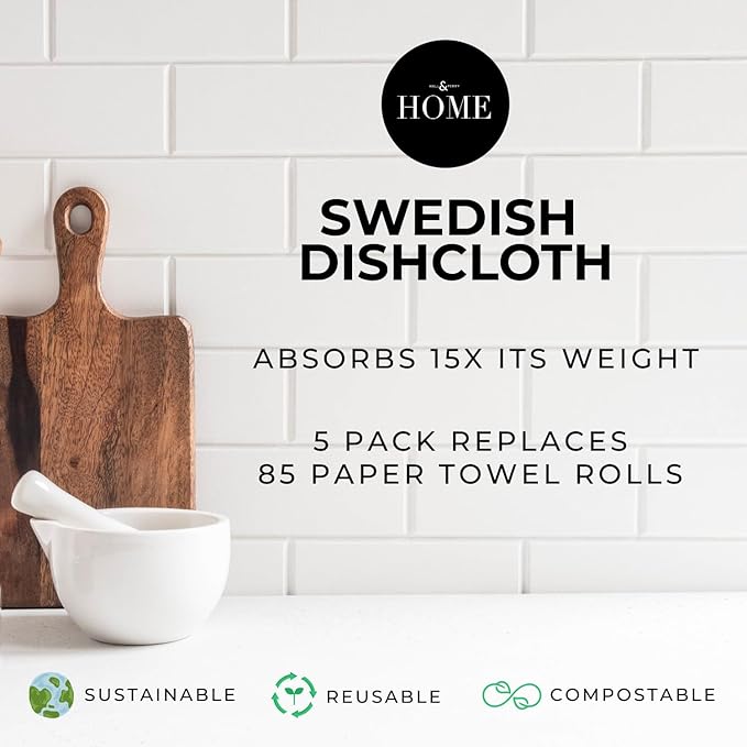 HALL & PERRY Swedish Dishcloths for Kitchen, 5-Pack, Reusable Cellulose Sponge Cloths for Kitchen & Cleaning – Eco-Friendly, Ultra-Absorbent, Quick-Drying (Floral Blue)