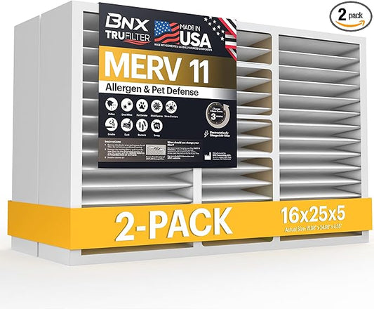 BNX TruFilter 16x25x5 (15.88’’ x 24.75’’ x 4.38‘’ Honeywell Compatible 4”) MERV 11 Air Filter (2-Pack) - MADE IN USA - AC Furnace Filters for Allergies, Dust, Pet, Smoke, Allergy MPR 1200 FPR 7