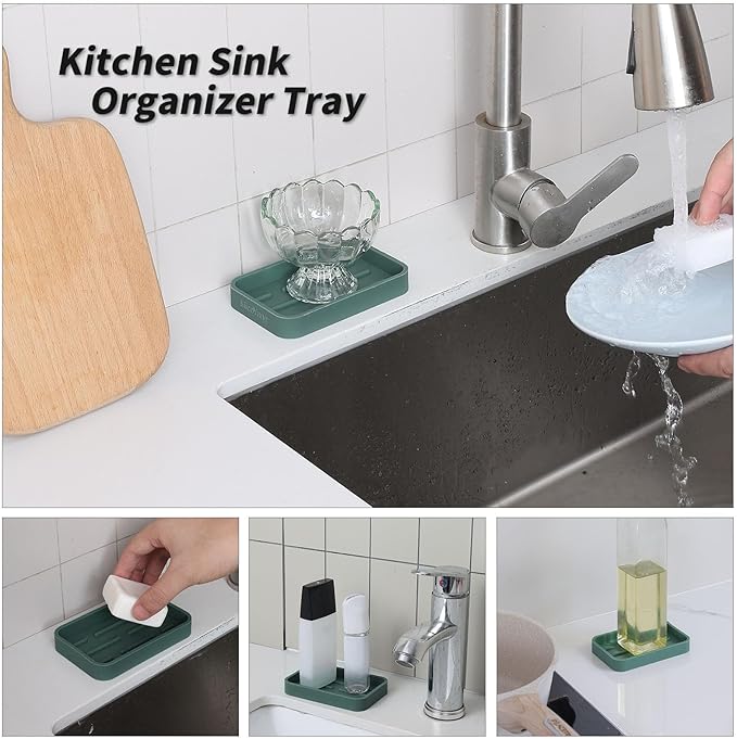 Silicone Kitchen Sink Organizer Tray for Multiple Usage,Easy Clean Sponges Holder for Kitchen Bathroom Counter or Sink,Dish Soap Dispenser,Scrubber,Bottle,Cup Green 4.9”x 3.2”
