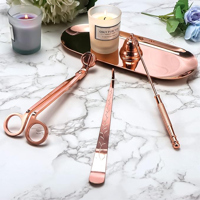 Lsnisni 4 in 1 Champagne Gold Candle Accessory Set with Candle Storage Tray Plate, Wick Trimmer Cutter, Candle Snuffer and Candle Wick Dipper, Steel Candle Care Kit with Gift Package for Candle Lover