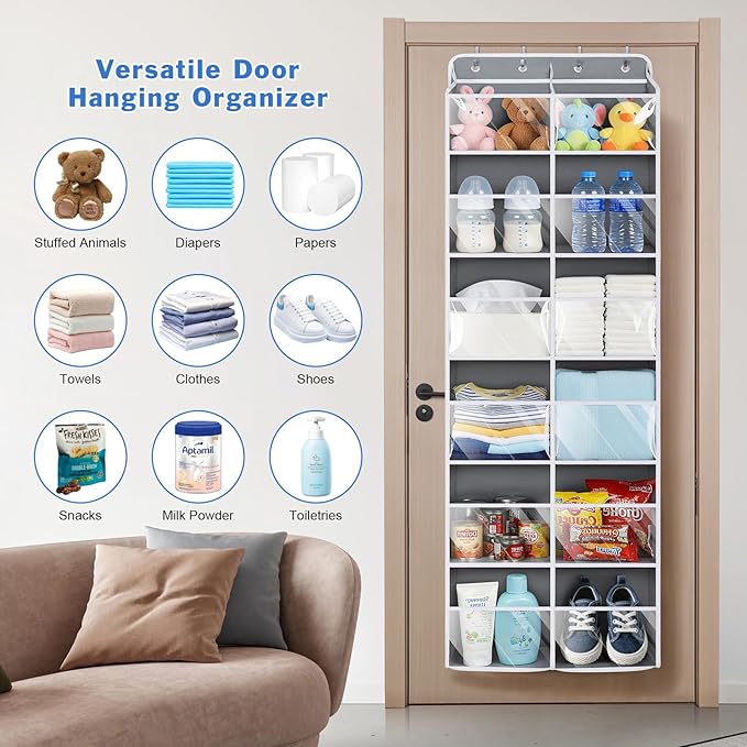 Univivi Over the Door Organizer 6 Tiers, Extra Large Door Hanging Organizer with Clear Deep Pockets Over the Door Storage for Closet, Bedroom, Nursery, Bathroom and Pantry (Grey)