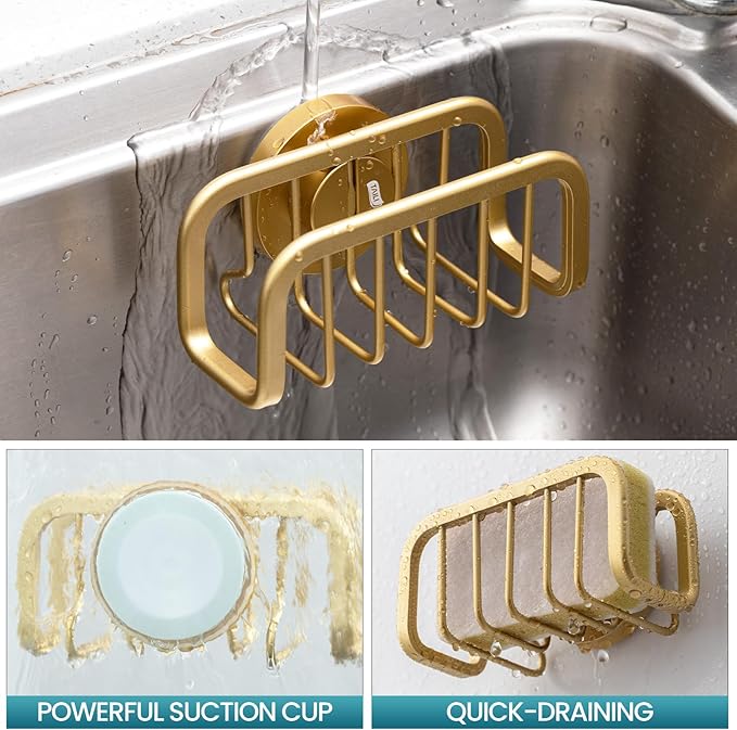 TAILI Sponge Holder for Kitchen Sink with Strong Suction Cup, Rustproof Aluminum Sink Caddy for Sponges, Removable Sponge Holder, Dish Brush for Scraper - Gold