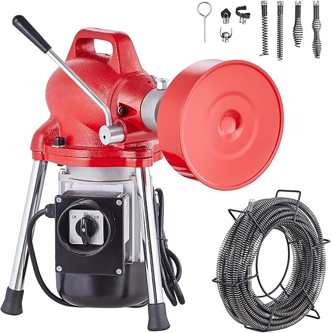 VEVOR Drain Cleaner Machine 66FT x 5/8 Inch, 250W Electric Sewer Snake Auger with 2 Sectional Steel Cables (66' x 5/8" and 15' x 3/8"), 7 Cutters and CW/CCW Control for 1.6" to 4" Pipes