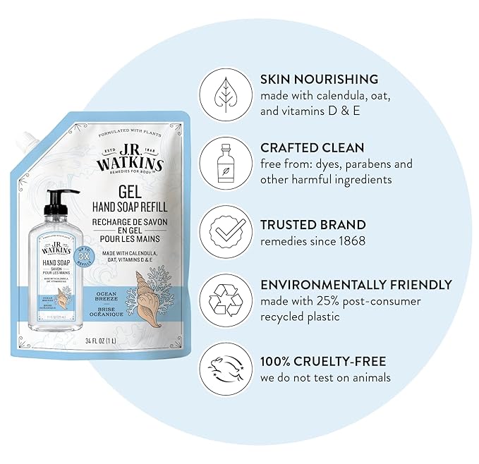 J.R. Watkins Gel Hand Soap Refill Pouch, Scented Liquid Hand Wash for Bathroom or Kitchen, USA Made and Cruelty Free, 34 fl oz, Ocean Breeze, 6 Pack