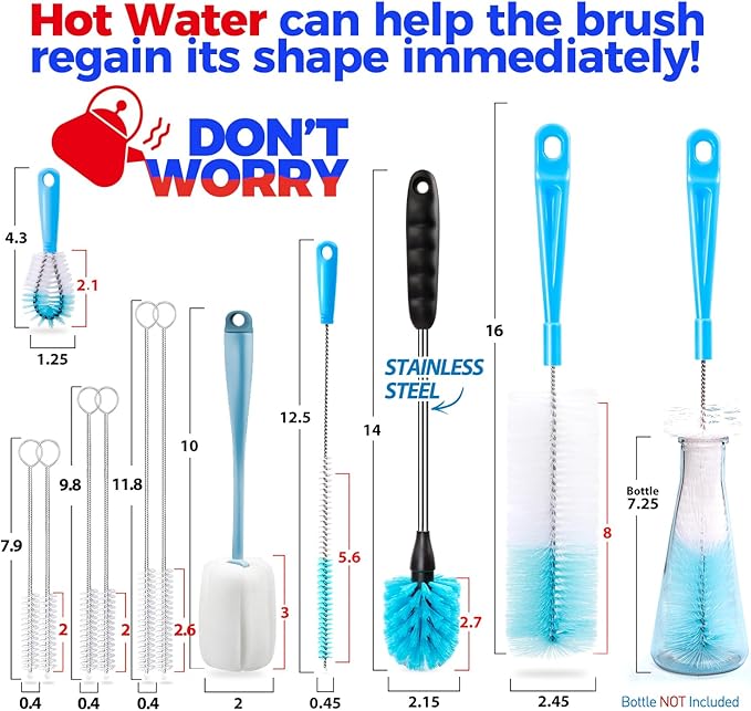 Holikme Bottle Brush Tube Cleaning Lab Set with Long Handle, Cup Cleaner for Washing Narrow Neck Beer Wine Decanter Pipes Lids Sinks Cap Covers, Azul